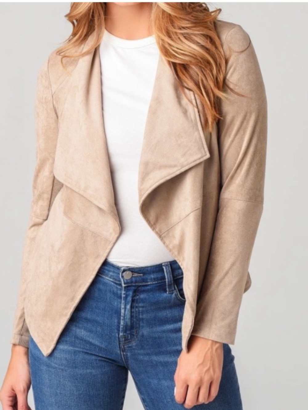 BB Dakota Taupe Cappuccino Faux Suede Draped Open-Front Jacket